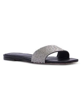 BLACK Suede Studio Women's Slides "Alexandra" Sandals Flats Stones